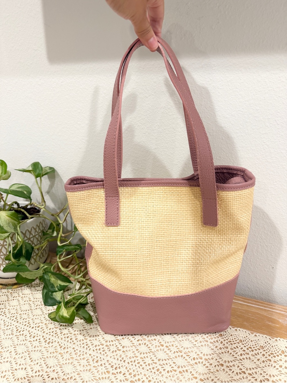 Woven Straw and Mauve Tote Bag Valentina Fiore- Genuine Leather